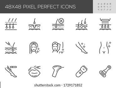 Hair Removal Vector Line Icons. Laser Epilation and Cosmetology. Smooth Skin. Body Face Hair Removal Methods. Shaving and Waxing. Editable Stroke. 48x48 Pixel Perfect.