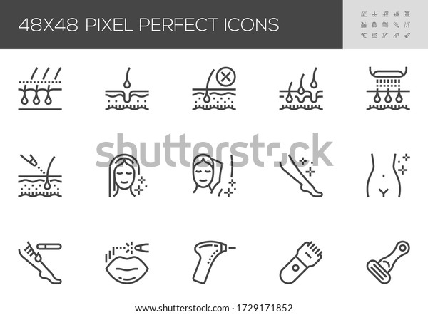Hair Removal Vector Line\
Icons. Laser Epilation and Cosmetology. Smooth Skin. Body Face Hair\
Removal Methods. Shaving and Waxing. Editable Stroke. 48x48 Pixel\
Perfect.