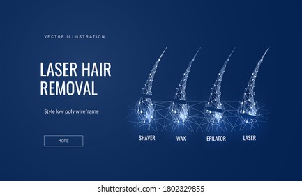 Hair removal with wax, epilator, laser and shaver  infographic in polygonal futuristic style for banner. Vector illustration of a hair bulb with a cut demonstration on a blue background