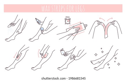 Hair removal wax strips application steps, vector illustration. Waxing at home instruction, guide. Leg depilation method. Skincare and beauty procedure.