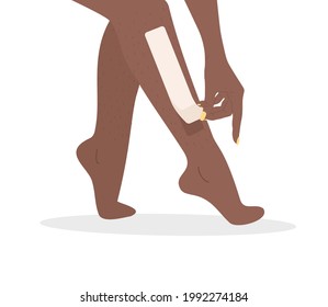 Hair removal. Wax strips epilation. Perfect smooth african female legs. Vector illustration in flat cartoon style. Skin care concept.