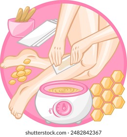 Hair removal with waxing. Girl removes unwanted hair from her legs with a help of waxing depilation. Depilation vector collection. No hair Logo