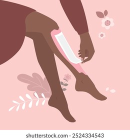 Hair removal with waxing. Girl removes unwanted hair from her legs with help of waxing depilation. No hair, removing hair from leg and cleansing skin with wax strip at home. flat vector illustration