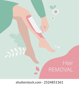 Hair removal with waxing. Girl removes unwanted hair from her legs with help of waxing depilation. No hair, removing hair from leg and cleansing skin with wax strip at home. flat vector illustration