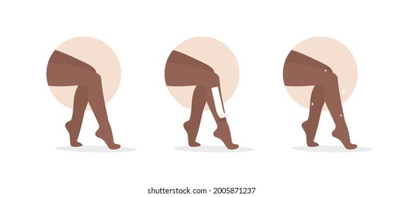 Eliminación del pelo. Lavado o azúcares con tiras. Piernas femeninas africanas. Cuidado de la piel. Antes y después. Procedimiento paso a paso de epilación. Salón de belleza. Ilustración vectorial en estilo de dibujos animados planos