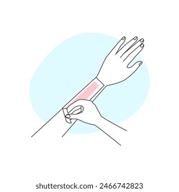 Hair removing from skin of hand with wax strip in bathroom, line icon vector illustration