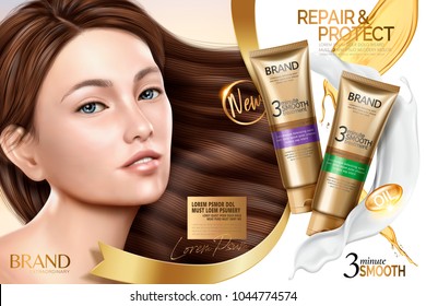 Hair repair products with charming model showing her glossy hair in 3d illustration