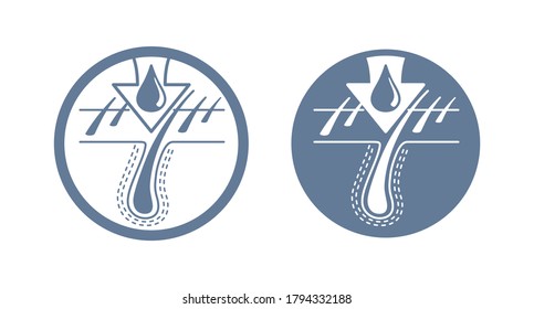 Hair restore formula stamp - schematic hair root strengthening process in circular monochrome rubber decoration - isolated vector emblem