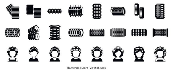  Hair rollers icons set. Hair rollers collection featuring various types and styles for achieving different curl sizes and volume