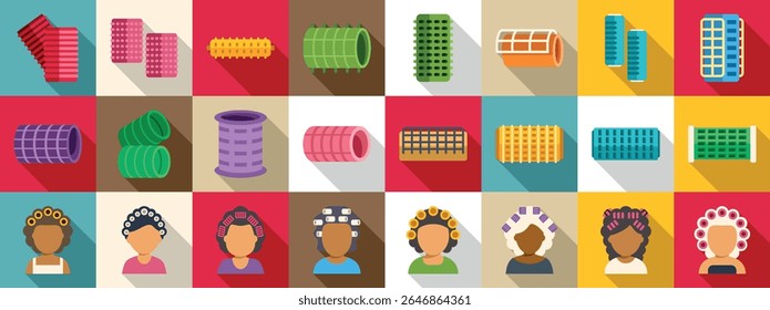  Conjunto de ícones de rolos de cabelo. Coleção colorida de vários rolos de cabelo e mulheres com rolos em seu cabelo, apresentando diferentes tipos e estilos usados para penteados e estilo