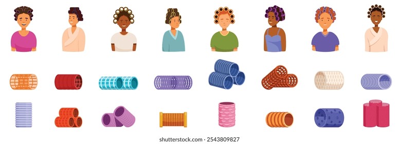 Hair rollers icons set. Set of smiling women wearing hair curlers and collection of various colorful hair rollers for creating hairstyles