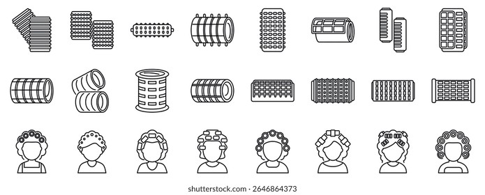  Hair rollers icons set. Hair rollers in various shapes and sizes, along with women sporting stylish curls, perfect for showcasing hair styling tools and techniques
