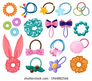 Hair rubber bands. Cartoon scrunchies, girlish beauty fashion hair accessories, elastic ponytails bands. Women hairdressing tools vector illustration set. Hairband and handkerchief, girlish hair-clip