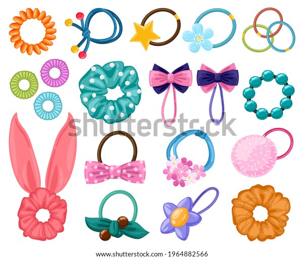 Hair rubber bands. Cartoon scrunchies, girlish\
beauty fashion hair accessories, elastic ponytails bands. Women\
hairdressing tools vector illustration set. Hairband and\
handkerchief, girlish\
hair-clip