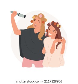 Hair salon abstract concept vector illustration. Pretty teenage girls in black cape with curlers at hairdresser, smiling teens having fun in hair salon, beauty care abstract metaphor.