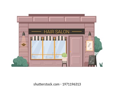 Hair salon barber beauty shop isolated flat cartoon building. Vector hairdresser small business retail store. Barbershop facade exterior, entrance and shopwindow, scissors hair cutters on billboard