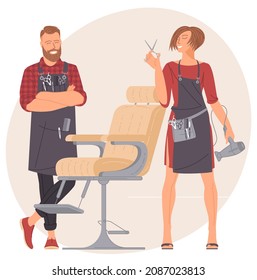 Hair Salon And Barber Shop, Small Business Illustrations. Woman Hairdresser And Barber Characters Flat Vector Illustration.