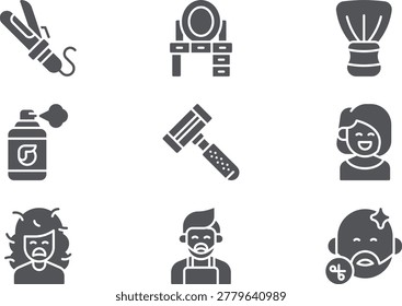 Hair Salon and Barber Shop Solid Icons Set for Beauty Parlor Grooming and Haircare Vector Symbols