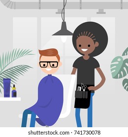 Hair salon. Barber shop. Young character sitting in a chair at the modern hair salon. Hair treatment. Flat editable vector illustration, clip art.