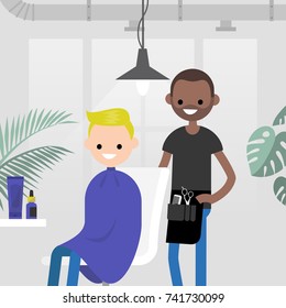 Hair salon. Barber shop. Young character sitting in a chair at the modern hair salon. Hair treatment. Flat editable vector illustration, clip art.