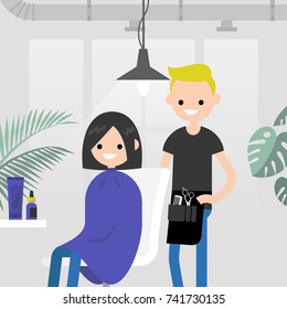 Hair salon. Barber shop. Young character sitting in a chair at the modern hair salon. Hair treatment. Flat editable vector illustration, clip art.