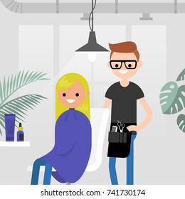 Hair salon. Barber shop. Young character sitting in a chair at the modern hair salon. Hair treatment. Flat editable vector illustration, clip art.