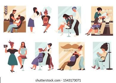 Hair salon or barbershop, men and women in beauty salon, barbers and hairdressers isolated icons vector. Cutting beard and making hairstyle, dying and washing head. Makeup and hairdo, drying haircut