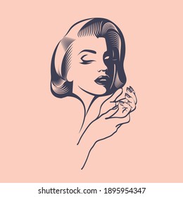 Hair salon, beauty, nails art studio logo.Beautiful woman face.Elegant hairstyle, makeup, manicure.Young lady.Hairdresser and cosmetics logo.Luxury, retro style glamour portrait.Female head.