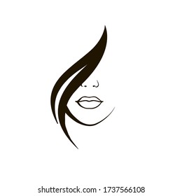 Hair salon and beauty studio illustration. hair woman with elegant makeup. Shampoo, cosmetics and spa icon. Luxury, glamour style. Young lady portrait logo isolated on white. Beautiful model face.