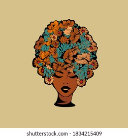 Hair salon and beauty studio illustration.Beautiful African american woman with elegant makeup, wearing a flowers wig.Afro hairstyle young woman icon.Decorative colorful natural elements.