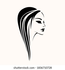 Hair salon and beauty studio illustration.Beautiful woman with elegant makeup and long, wavy hairstyle.Young lady icon.Profile view female face logo isolated on light background.