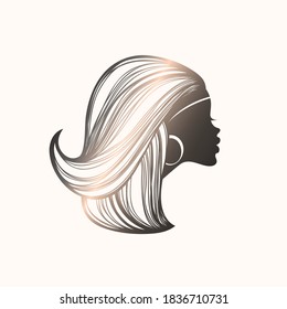 Hair salon and beauty studio illustration.Beautiful African american woman with long, wavy hairstyle and circle earring.Afro young lady icon.Profile view 
face silhouette.