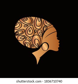 Hair salon and beauty studio illustration.Beautiful African american woman with elegant jewelry, wearing a traditional head wear.Afro hairstyle young lady icon.Decorative elements.