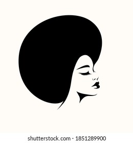 Hair salon and beauty studio illustration.Beautiful African woman with big Afro hairstyle and elegant makeup.Stylish young lady.Hairdresser logo.Luxury,glamour,fashion model portrait.Female head.