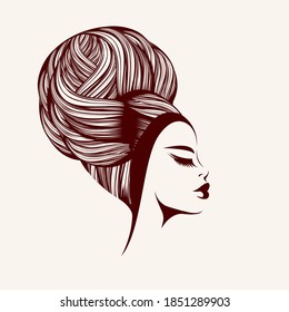 Hair salon and beauty studio illustration.Beautiful African woman with Afro hairstyle bun and elegant makeup.Stylish young lady.Hairdresser logo.Luxury,glamour,fashion model portrait.Female head.