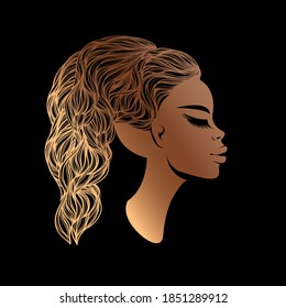 Hair salon and beauty studio illustration.Beautiful African woman with curly ponytail and elegant makeup.Stylish young Afro lady.Hairdresser logo.Luxury,glamour,fashion model portrait.Female head.