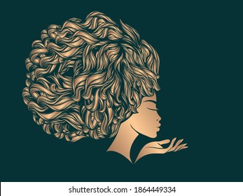 Hair salon and beauty studio illustration.Beautiful African woman with curly Afro hairstyle, elegant makeup and manicure.Young lady.Hairdresser and cosmetics logo.Luxury,glamour portrait.Female head.