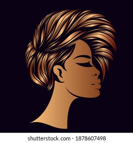 Hair salon and beauty studio illustration.Beautiful African American woman with wavy hairstyle and elegant makeup.Young lady.Hairdresser and cosmetics logo.Luxury,glamour portrait.Female head.