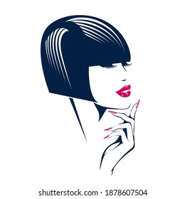 Hair salon and beauty studio illustration.Beautiful woman with elegant hairstyle, makeup and manicure.Young lady.Hairdresser and cosmetics logo.Luxury,glamour portrait.Female head.Red nail polish.