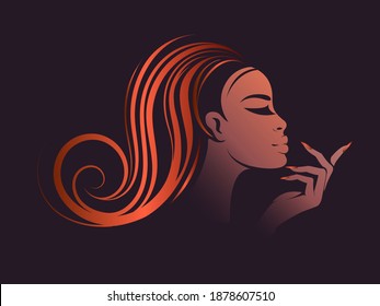 Hair salon and beauty studio illustration.Beautiful African woman with wavy hairstyle, elegant makeup and manicure.Young lady.Hairdresser and cosmetics logo.Luxury,glamour portrait.Female head.