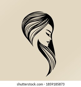 Hair salon and beauty studio illustration.Long, wavy hairstyle woman with elegant makeup.Cosmetics and spa icon.Young lady portrait.Beautiful model face.Luxury,glamour style.Profile view.