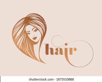 Hair salon and beauty studio illustration.Long, wavy hairstyle woman with elegant makeup.Cosmetics and spa icon.Young lady portrait.Beautiful model face.Luxury,glamour style.Golden color.