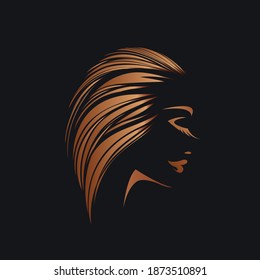 Hair salon and beauty studio illustration.Long, wavy hairstyle woman with elegant makeup.Cosmetics and spa icon.Young blonde lady portrait.Beautiful model face.Luxury,glamour style.Profile view.