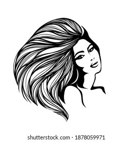 Hair salon and beauty studio illustration.Long, wavy hairstyle woman with elegant makeup.Cosmetics and spa icon isolated on light fund.Young lady portrait.Beautiful model face.Luxury,glamour style.