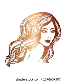 Hair salon and beauty studio illustration.Long, wavy hairstyle woman with elegant makeup.Cosmetics and spa icon isolated on light fund.Young lady portrait.Beautiful model face.Luxury,glamour style.