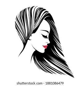 Hair salon and beauty studio illustration.Long, wavy hairstyle woman with elegant makeup.Cosmetics and spa icon isolated on light fund.Young lady portrait.Beautiful model face.Luxury,glamour style.