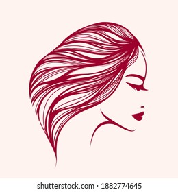 Hair salon and beauty studio illustration.Long, wavy hairstyle woman with elegant makeup.Cosmetics and spa icon isolated on light fund.Young lady portrait.Beautiful model face.Luxury,glamour style.
