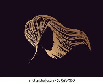 Hair salon and beauty studio illustration.Long, wavy hairstyle woman head silhouette.Cosmetics and spa golden icon isolated on dark fund.Young lady portrait.Beautiful model face.Luxury,glamour style.