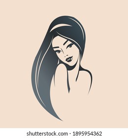 Hair salon and beauty studio illustration.Long, wavy hairstyle woman with elegant makeup.Cosmetics and spa icon isolated on light fund.Young lady portrait.Beautiful model face.Luxury,glamour style.