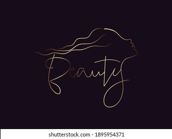 Hair salon, beauty studio illustration.Long, wavy hairstyle woman word mark.Cosmetics and spa lettering isolated on dark fund.Young lady portrait.Beautiful model face.Luxury,glamour style.Gold lines.